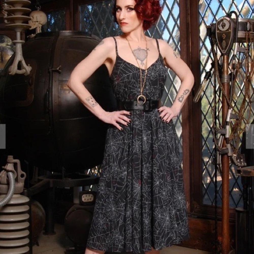 Pinup Girl Clothing Amalie Ballerina Swing Dress in Black Widow Spiderweb Print
